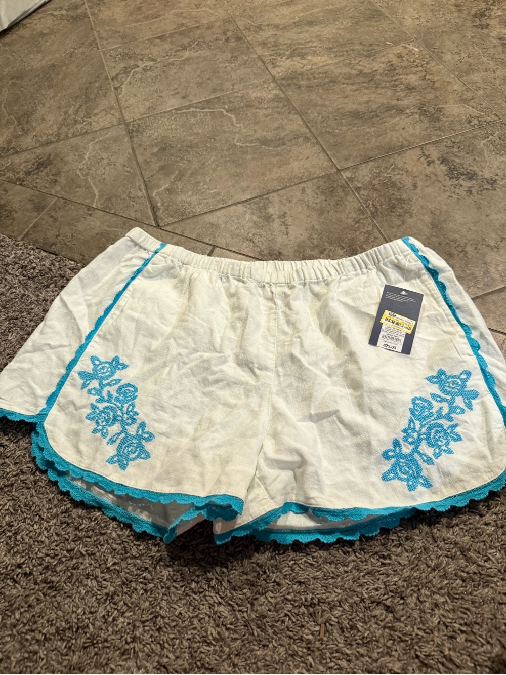 🎂Women’s White Shorts with Turquoise Embroidery